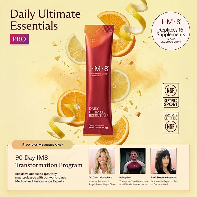 IM8 Daily Ultimate Essentials All-in-One Multivitamin Supplement, 92 Nutrient Rich Ingredients CoQ10, Probiotics, Vitamins, Greens, Gluten Free, Vegan (30 Packets, Lemon & Orange)