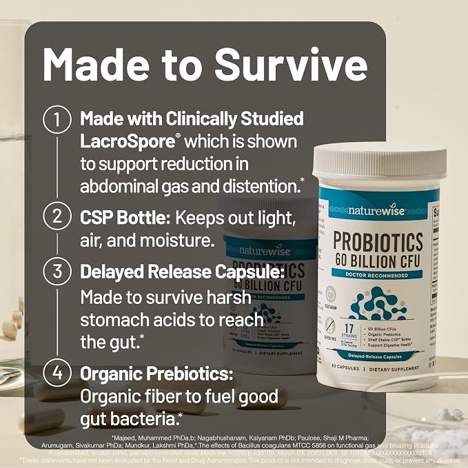 NatureWise Probiotics 60 Billion CFU - 17 Strains + Organic Prebiotics - Immune, Digestive & Gut Health Support for Women & Men - Vegetarian, Gluten-Free, Non-GMO - 30 Capsules[1-Month Supply]