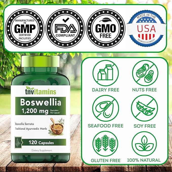 tnvitamins Boswellia Extract Capsules, 120 Count | 1,200 mg Per Capsule | 65% Boswellic Acids + 10:1 Concentrated Extract | Boswellia Serrata | Joint & Mobility Support*