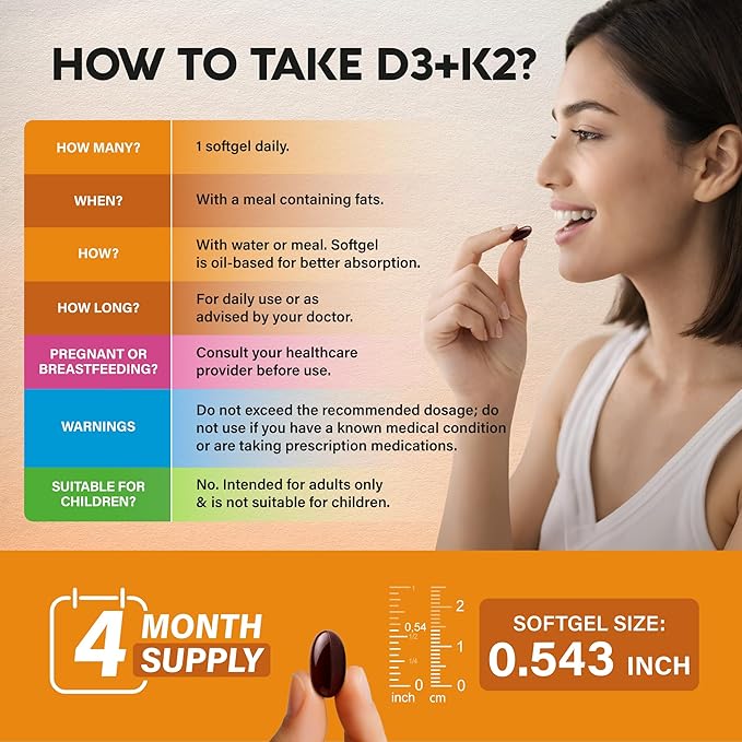 Vitamin D3 K2 - Vitamin D3 10000 iu & K2 120 mcg - Immune & Mood Support, for Bone & Teeth Health - with Zinc, Vitamin C & B12 - Highly Bioavailable - For Men & Women - Made in USA, 120 Softgels