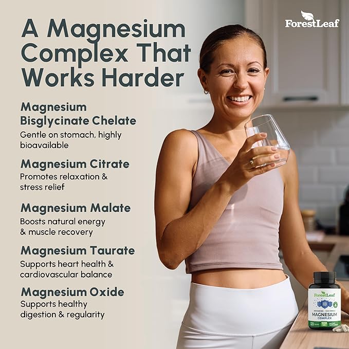 ForestLeaf Magnesium Complex for Women and Men - 500mg Magnesium Supplement for Sleep - 5-in-1 Chelated Magnesium Citrate, Bisglycinate, Malate, Taurate, Oxide (120 Ct)