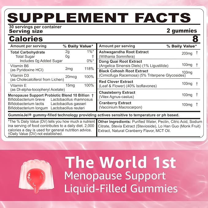 Menopause Probiotics Filled Gummies for Women, Sugar Free Menopause Supplement Gummy with Ashwagandha, Dong Quai & Black Cohosh for Hot Flashes, Night Sweats, Mood Swings, Gut Health - Vegan, 120Cts