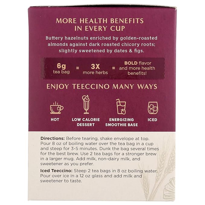 Teeccino Hazelnut & Vanilla Nut Herbal Tea Variety Pack - Roasted Herbal Tea That’s Caffeine Free & Prebiotic for Natural Energy, 10 Tea Bags (Pack of 4)