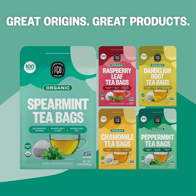 FGO Organic Spearmint Leaf Tea, 100 Count, Eco-Conscious Tea Bags, Caffeine Free, Resealable Bag, Packaging May Vary (Pack of 1)