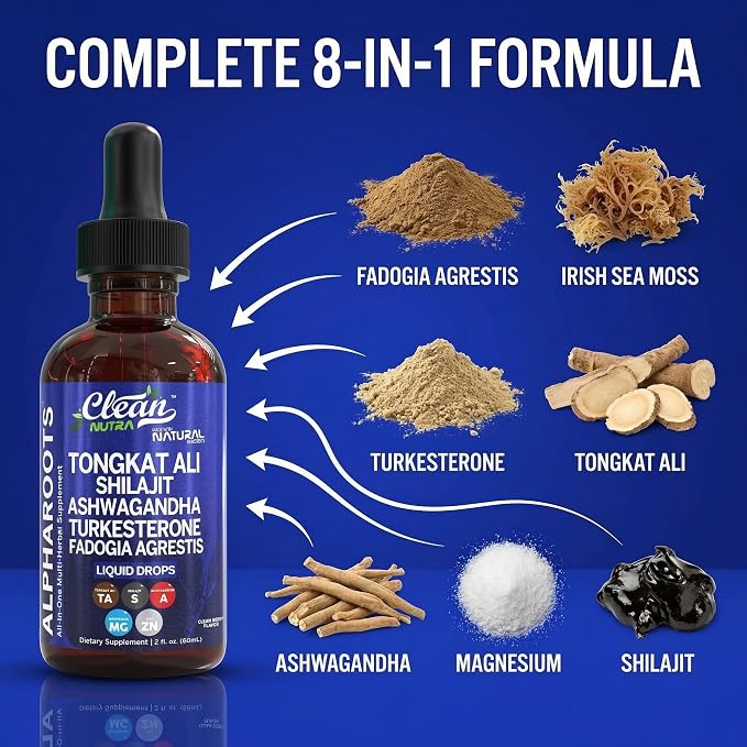 Tongkat Ali Liquid Drops Shilajit, Ashwagandha, Turkesterone, Fadogia Agrestis, Magnesium, Irish Sea Moss, and Zinc Herbal Supplement by Clean Nutra