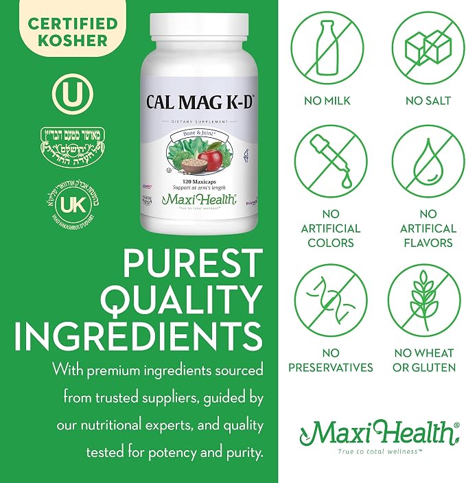 Maxi Health Men and Women 500 mg Calcium Supplement with Vitamin D3 (2000 IU), Magnesium (250 mg) and Vitamin K2 (150 mcg) - Bone, Teeth and Joint Support - 120 Capsules