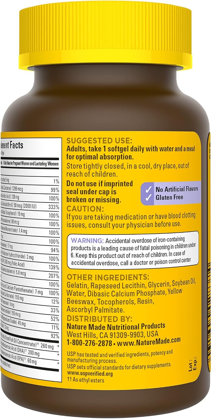 Nature Made Postnatal Multivitamin + DHA 200 mg, Postnatal Vitamins for Women, Includes Iron, Vitamin D3, Calcium, Iodine & More for Breastfeeding Moms, 60 Softgels