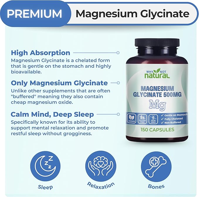 Why Not Natural Magnesium Glycinate 500 mg Capsules Supplement - Vegan, No Filler - Supports Sleep and Relaxation