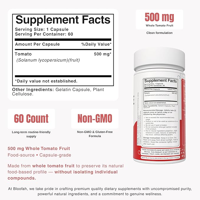 Lycopene Supplement Capsules 500mg – Tomato Fruit Powder with Natural Lycopene for Antioxidant & Daily Wellness Support | Gluten Free, Non-GMO (60 Count (Pack of 1))