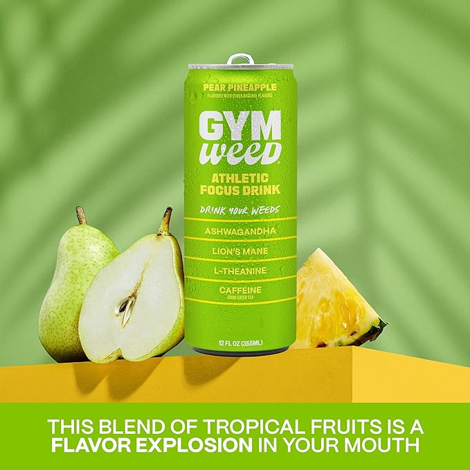 GYM WEED Athletic Focus Drink with KSM-66 Ashwagandha, Lion's Mane Mushroom, L-Theanine, 200mg Green Tea Caffeine with Natural Sweeteners Pear Pineapple Flavor, 12 Pack