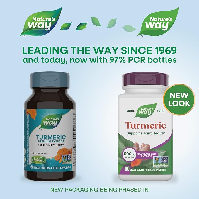Nature's Way Turmeric, Premium Extract, Supports Joint Health*, Standardized to 95% Curcuminoids, 500 mg Serving, Non-GMO Project Verified Supplements, 60 Tablets (Packaging May Vary)