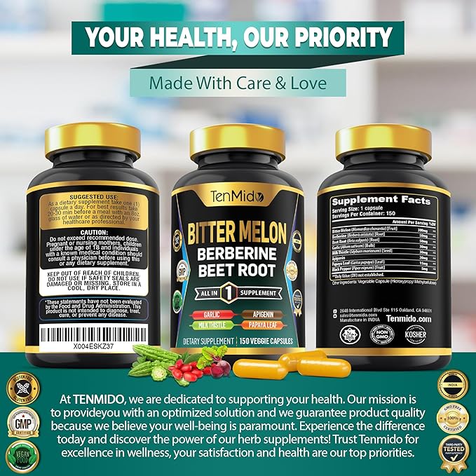 Bitter Melon Capsules - 8in1 Formula - Combine with Berberine, Beet Root, Garlic, Milk Thistle, Apigenin, Papaya Leaf, and Black Pepper - 150 Vegan Capsules for 5 Months Supply