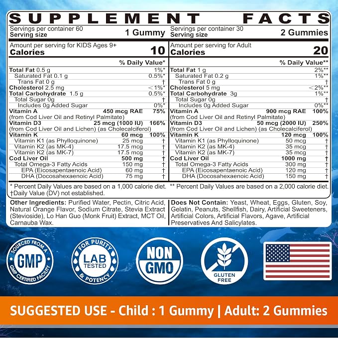 Cod Liver Oil Gummies 1000mg for Kids & Adults - w/Omega 3 (EPA & DHA), Vitamins A, D3 & K2 - Cod Liver Oil Omega 3 Gummies for Immune, Brain & Cognitive Support, Sugar-Free, Orange Flavor, 60Cts