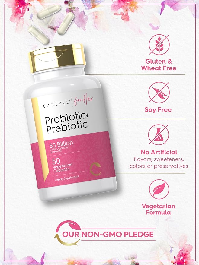 Carlyle Probiotic and Prebiotic for Women | 50 Billion Active Organisms Per Serving | 50 Capsules | with Organic Inulin | Vegetarian Supplement for Women