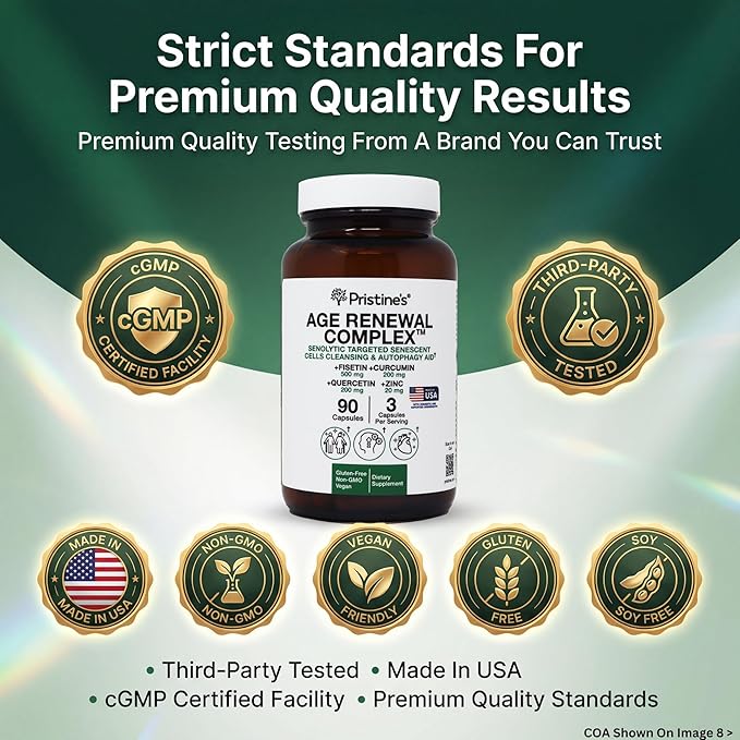 Age Renewal Complex - Cellular Renewal & Senescent Cell Removal Support - Fisetin, Quercetin, Curcumin, Zinc -Senolytic & Autophagy Aid Supplement - - Non-GMO, USA Made Glass Bottle