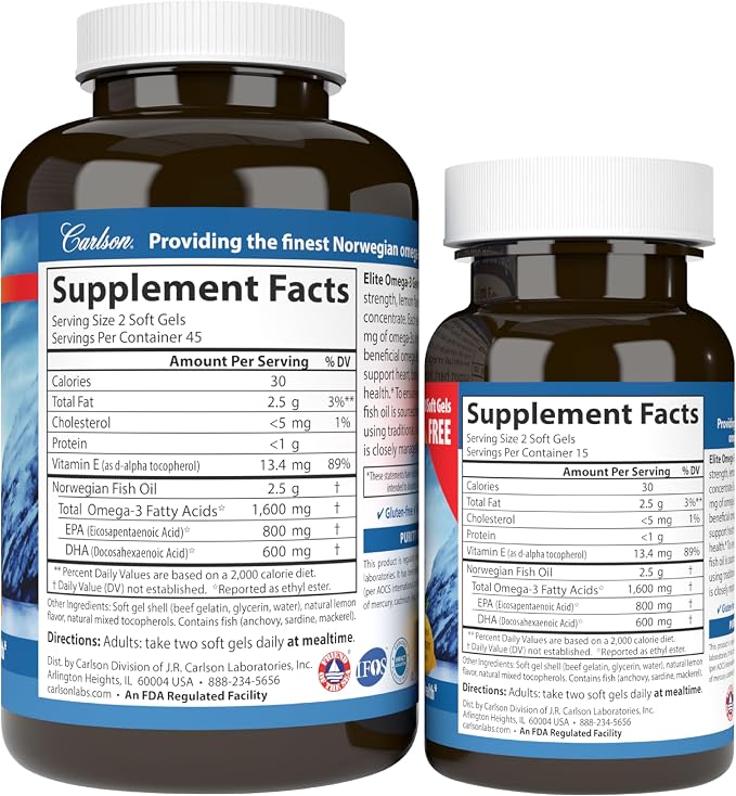 Carlson - Elite Omega-3 Gems, 1600 mg Omega-3 Fatty Acids Including EPA and DHA, Norwegian Fish Oil Supplement, Wild Caught, Sustainably Sourced Fish Oil Capsules, Lemon, 90+30 Softgels