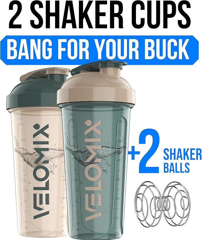 VELOMIX -2 Pack- 28 oz Protein Shaker Bottles for Protein Mixes - 2x Wire Whisk | Leak Proof Shaker Cups for Protein Shakes and Pre Workout | Protein Shaker Bottle Pack (A6) Blue/Beige