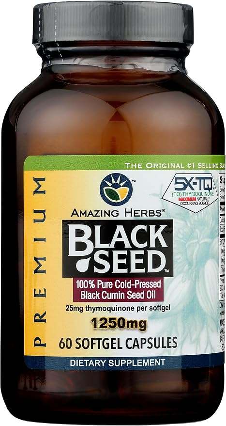 Amazing Herbs Premium Black Seed Oil Capsules - High Potency, Cold Pressed Nigella Sativa Aids in Digestive Health, Immune Support & Brain Function - 60 Count, 1250mg