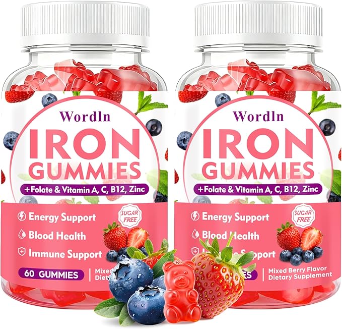 Iron Gummies for Women, Men & Kids, Vegan Iron Supplement with Vitamin C, B12, Folate for Energy Support & Immune Health, Sugar Free, 60 Gummies (Pack of 2)