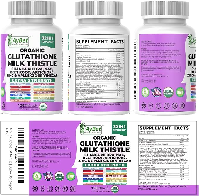 Glutathione NAC Milk Thistle Supplement | Liver Health Support | 32-in-1 Herbal Antioxidant Formula with Chanca Piedra, Turmeric, Dandelion Root, Beet Root & Zinc | Halal Vegan Organic Daily Wellness