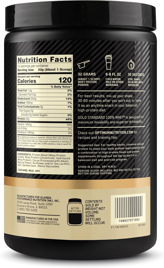 Optimum Nutrition Gold Standard 100% Whey Protein Powder, Naturally Flavored Chocolate, 15 Servings (Packaging May Vary)