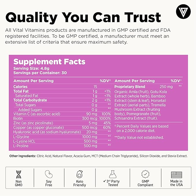 Vital Vitamins Vegan Collagen Booster Powder (2-Pack) - Made with Amino Acids, Silica, Hyaluronic Acid, & Botanical Extracts - Plant-Based - Mango Raspberry Lemonade Flavor - Hair, Skin, Nails