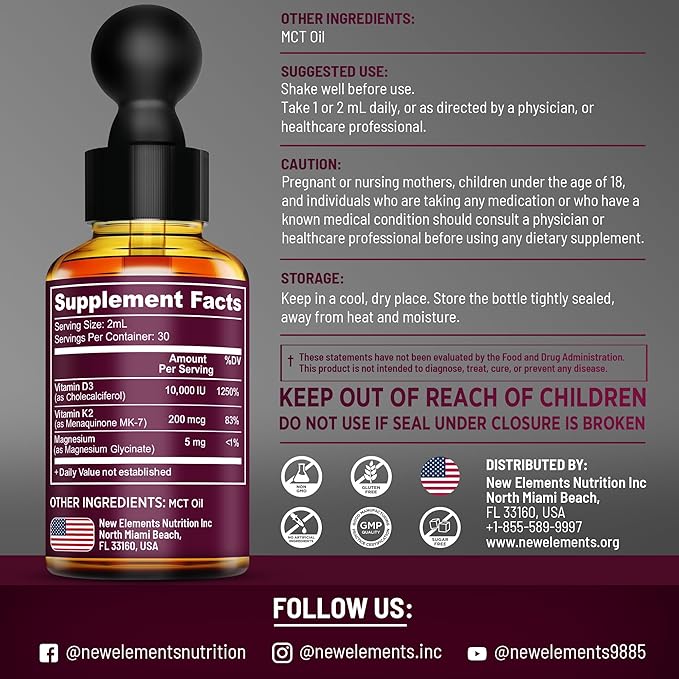 Liquid Vitamin D3 with K2 & Magnesium Glycinate | Vitamin D Drops 10.000 IU | Vitamin K2 200mcg Mk7 | Vitamin D3 + K2 Supplement for Men & Women | High Absorption | MCT Oil | Gluten Free | Non-GMO