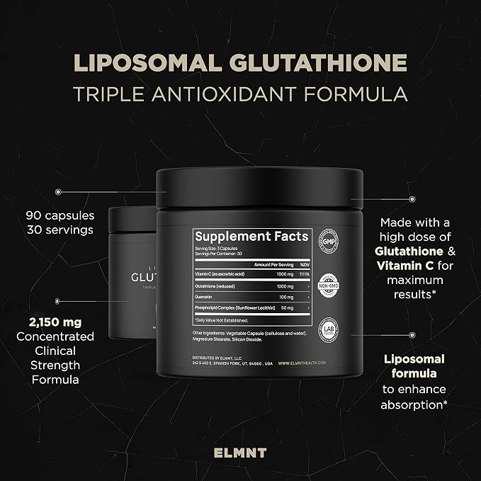 2150mg Super Liposomal Glutathione Supplement w. Vitamin C, Quercetin & Pure L Glutathione 2000mg Triple Action Formula Glutathione Liposomal Supplement w. Phospholipid Layer - 90 Pills, Non-GMO