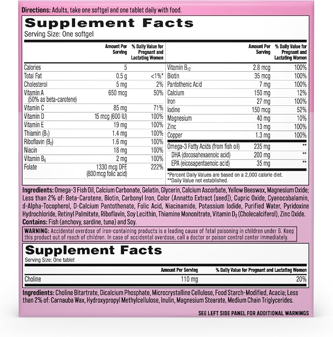 One A Day Prenatal Advanced- Prenatal Vitamins with Folic Acid, Choline, DHA & Iron, Pregnancy Vitamins for Women to Support Baby’s Development, 60+60 Ct (120 Total Set) (Packaging May Vary)