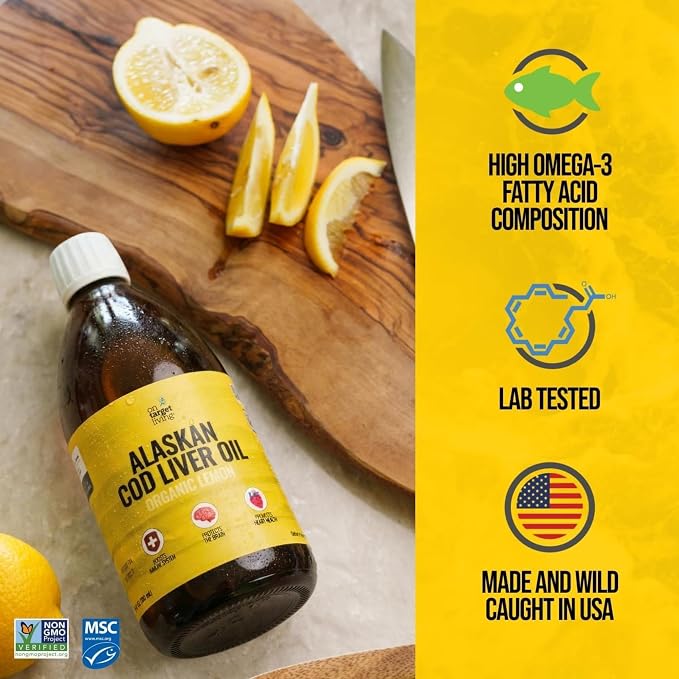 On Target Living Alaskan Cod Liver Oil Liquid | Organic Lemon Flavor 16.67 oz | Line Caught in The USA | Naturally Occurring Vitamin D | Rich in Omega 3 DHA/EPA | Non-GMO Project Certified