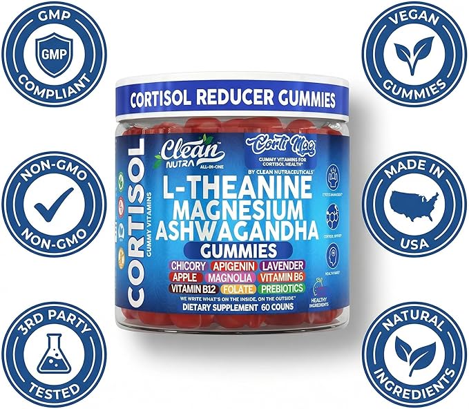 Clean Nutra Cortisol Supplement Gummies L-Theanine Magnesium Ashwagandha Apigenin Vitamin B6 Sleep and Calm Support Lavender Chicory Prebiotic Advanced Gummy Formula
