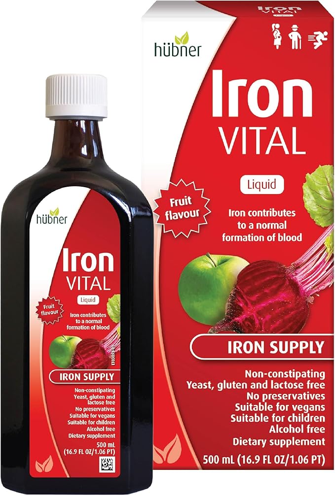 hübner Hubner Iron Vital Liquid Iron Supply Plus Vitamin C, Dietary Supplement for Adults and Kids, Vegan and Gluten-Free, Fruit Flavor, 500 ml Bottle, 50 Servings