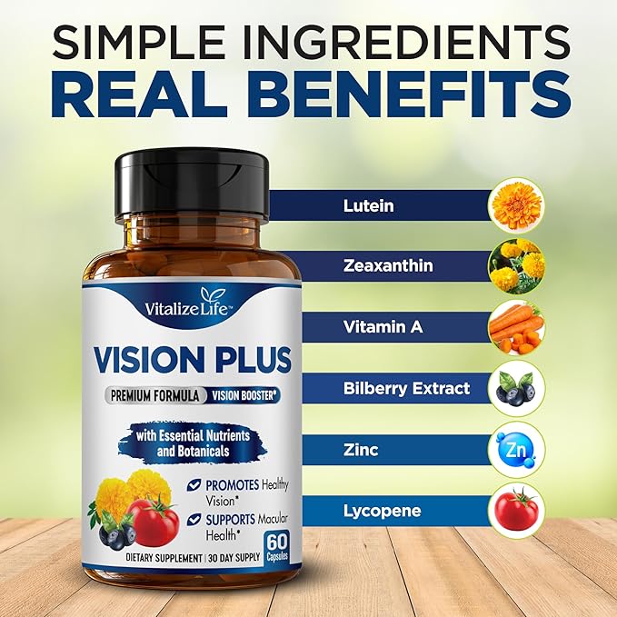 Vision Plus Complete Eye Supplements for Adults – Eye Vitamins for Seniors with Lutein, Bilberry, and Zeaxanthin – Eye Vitamin and Mineral Supplement for Clarity and Sight Care – 60 Capsules