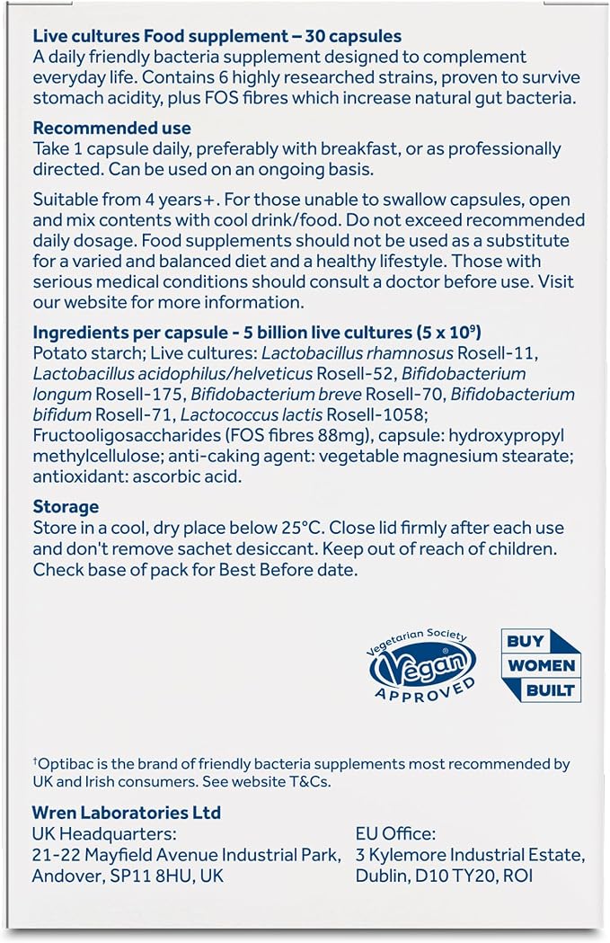 Optibac Probiotics for Digestive Health, 30 Capsules | 6 Scientifically Researched Strains with 5 Billion Live Cultures | Gluten Free & Vegetarian | Supports Gut Flora & Digestive Health