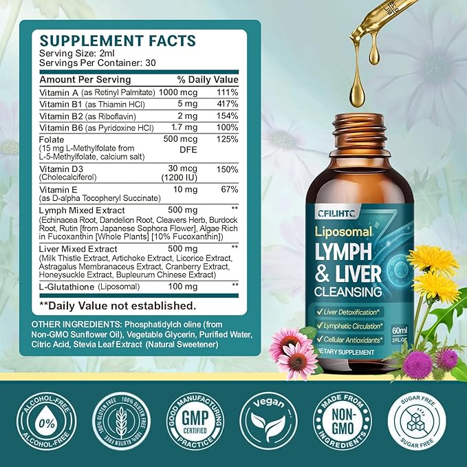 2PCS Liposomal Lymphatic Drainage Drops - 21 in 1 Liver Cleanse Detox & Repair with Milk Thistle, Echinacea, Burdock Root, Liposomal Glutathione, Vitamin Complex ''Lymph-Liver'' Gut & Metabolic Health