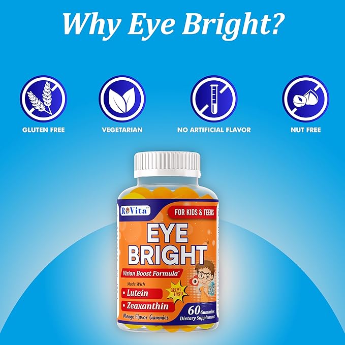 Eye Bright Lutein Gummies for Kids & Teens– Eye Vitamins with Lutein & Zeaxanthin – Eye Health Supplements for Vision Support – Vitamins for Eye Health & Macular Support – 60 Gummies
