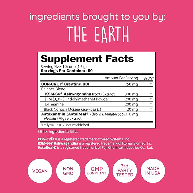 Happy Healthy Hippie Creatine HCl Powder with KSM-66 Ashwagandha | Vegan Creatine for Women | 38x Solubility vs Monohydrate | Hormone Balance | Minimal Bloat | Unflavored, 50 Servings