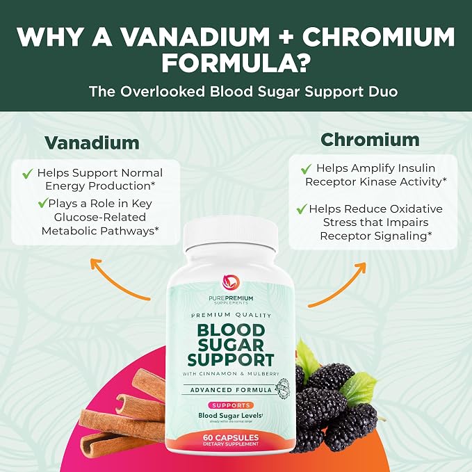 PurePremium Normal Blood Sugar Support Supplement - 20 Active Ingredients Complex to Support Blood Sugar Levels Already in The Normal Range - with Cinnamon, Bitter Melon, Chromium, Mulberry - 60ct