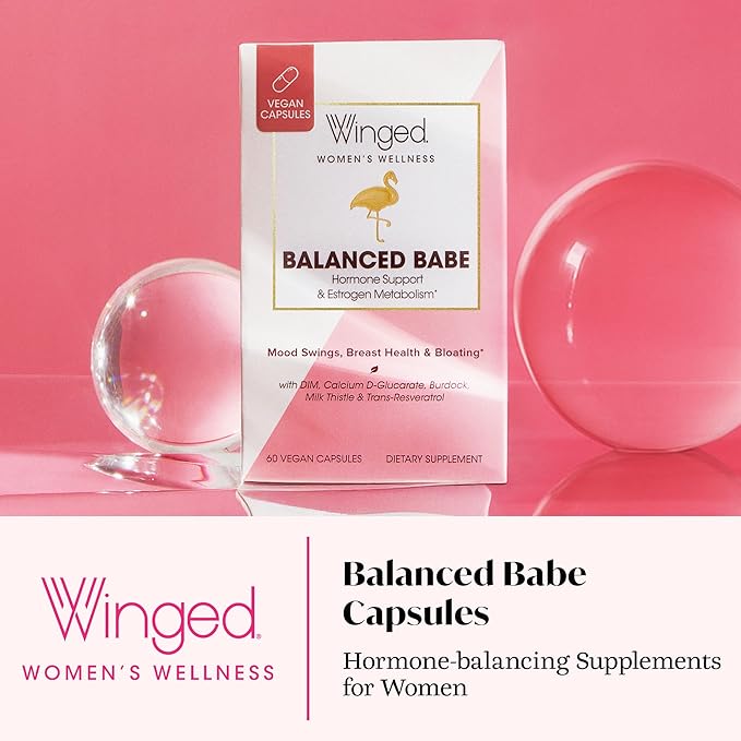 Winged Wellness Balanced Babe, Hormone Balance & Estrogen Detox Supplement for Women - 100mg DIM & Milk Thistle for PMS Bloating, Cramps, Mood, Hormonal Acne, & PCOS Support, 60 Capsules