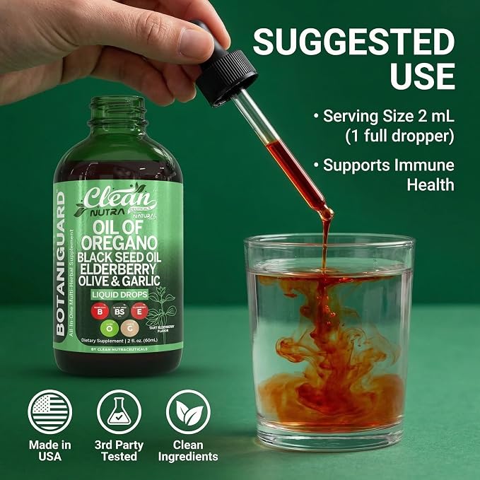 Clean Nutra Oil of Oregano Drops Black Seed Oil Elderberry Vitamin D D3 K2 Olive Garlic Immune Support Supplement Wellness Formula Zinc Supplements Liquid 2 Fl Oz BotaniGuard Vegan, Non-GMO