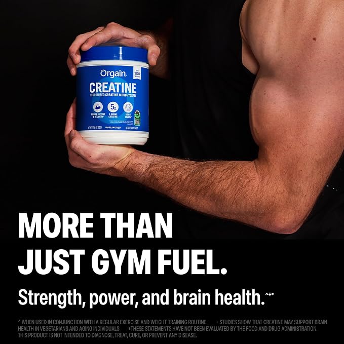 Orgain Creatine Monohydrate Micronized Powder, 100 Servings, Unflavored, Supports Muscle Growth, Post Workout Recovery and Brain Health, No Artificial Additives, for Men & Women (Packaging May Vary)