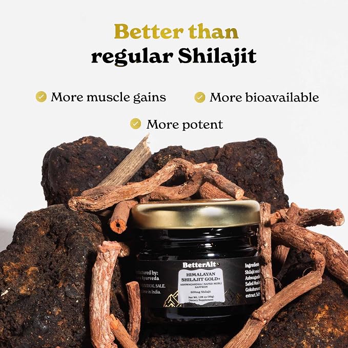 Better Alt Pure Himalayan Shilajit Gold+(30gm)|Enhances Recovery & Boosts Strength|16,000 ft Sourced Blend with Ashwagandha, Safed Musli,Gokshura|Shilajit gold for men & women|Vegan & Lab Tested-600mg
