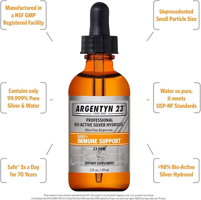 Argentyn 23 Professional Immune Support - Colloidal Silver, Bio-Active Silver Hydrosol, 23 ppm, Liquid Dropper, 2 Fl Oz (59 mL)
