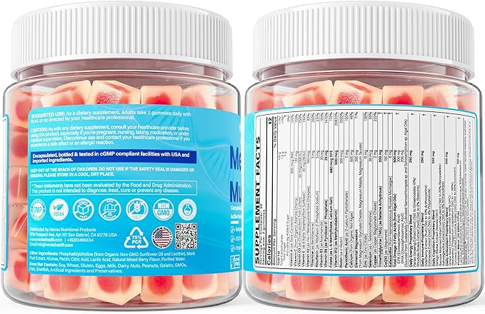 Methylated Multivitamin for Women & Men Gummies w/ Omega-3, Calcium, D3 K2, Methylfolate & B12, TMG, Daily Vitamin A, C, E, B Complex, Magnesium, CoQ10, Probiotic for Overall Health- Vegan, 2 Pack