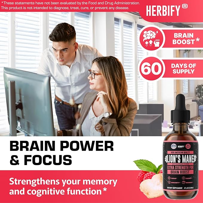 HERBIFY Lions Mane Supplement - Daily Mushroom Supplement for Memory, Focus & Clarity - Brain Booster - Lions Mane Tincture for Natural Immune Support - 4 Fl Oz Raspberry Flavor