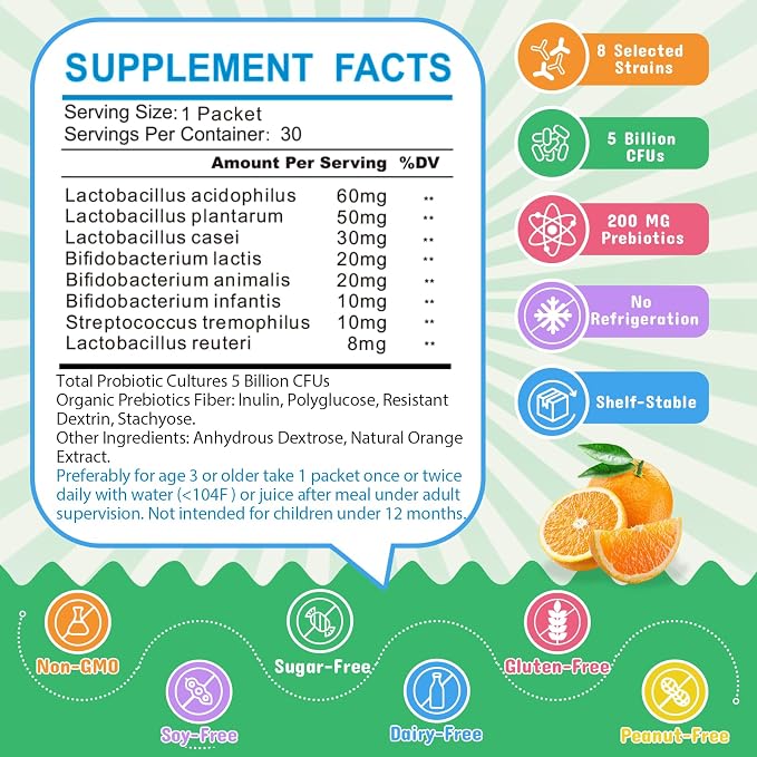 ZEBORA Kids Probiotic & Prebiotics Powder Age 3+ Support Children's Digestive & Immune System with Natural Source, Promotes Constipation Relief, Non-GMO, Gluten-Free, 30 Packets with 5 Billion CFUs