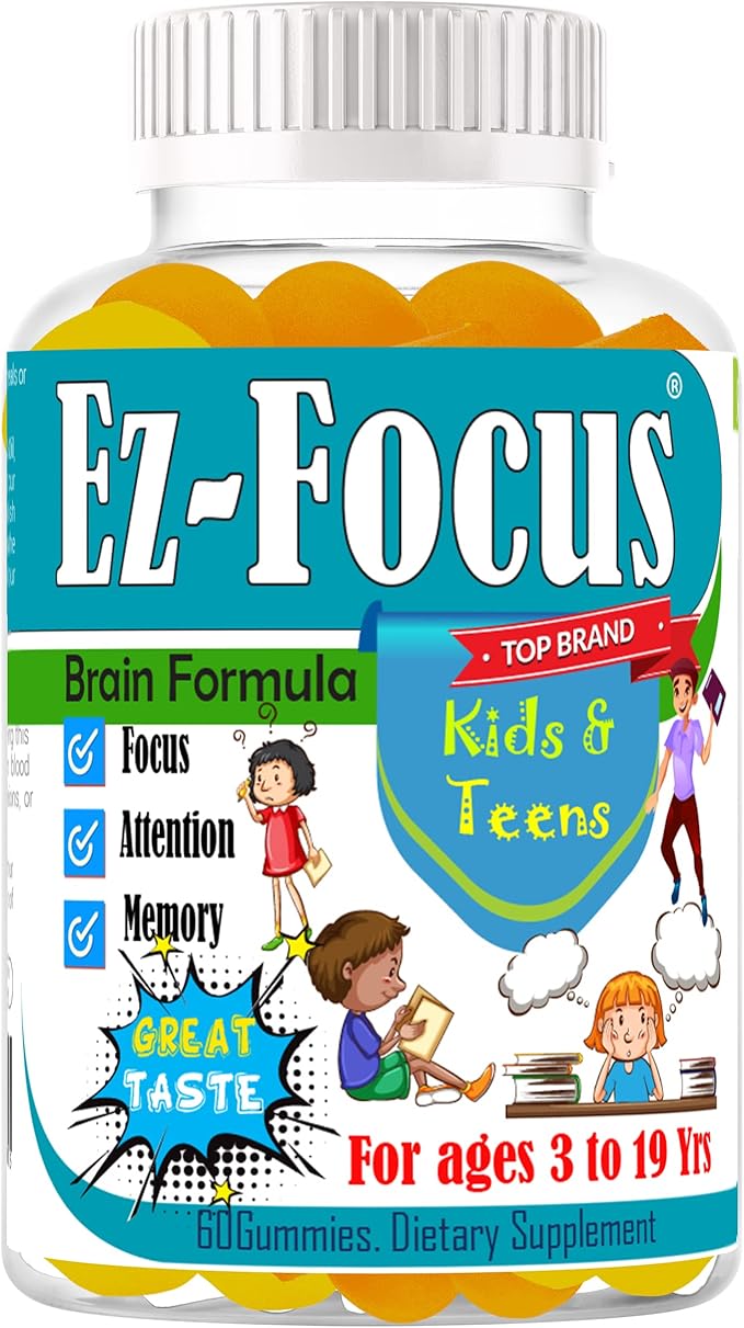 Ez-Focus Gummies for Kids, Teens and Youth – Brain Focus, Memory & Attention Support, DHA & Omega-3 for Kids, Concentration and Focus Supplement, Calm and Study Brain Vitamins 60 ct
