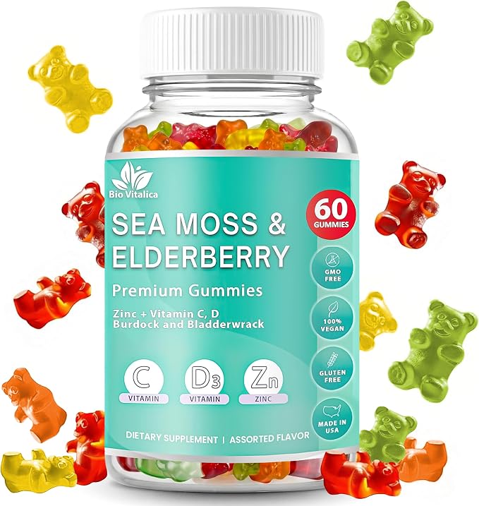 BIO VITALICA Irish Sea Moss Gummies with Elderberry – USA Made Vegan Gummies with Vitamin C, D & Zinc – Immune Support Supplement with Bladderwrack & Burdock Root for Adults & Kids – 60 Count