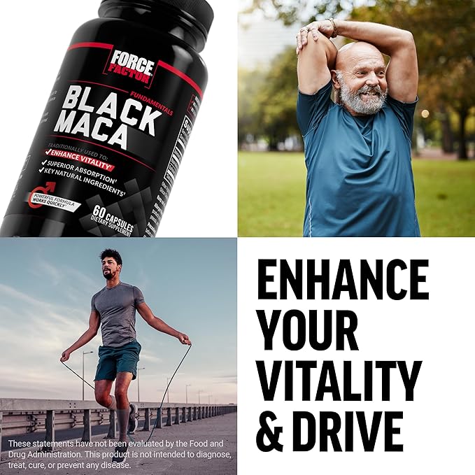 Force Factor Black Maca Root Vitality Supplement for Men with Superior Absorption and Power, Natural Maca Negra Extract, Fundamentals Series, 1000mg, 60 Capsules