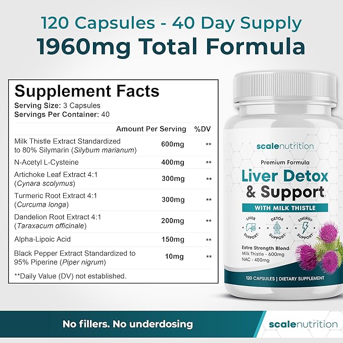 Liver Detox & Support – High Potency 1960mg Formula for Detox, Energy & Digestive Support – Milk Thistle, NAC, Turmeric, Artichoke & Dandelion – 120 Capsules